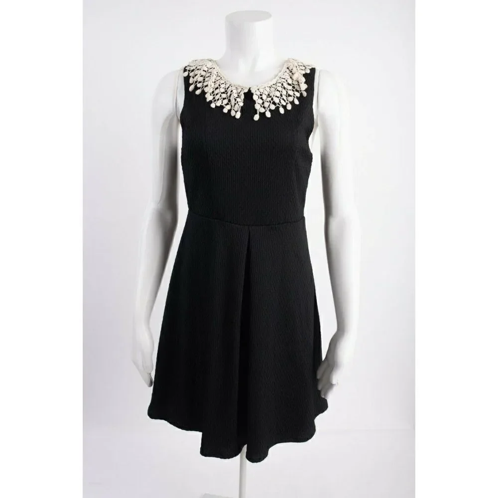 Free People Womens A-Line Dress S Black Waffle Knit White Fringe Sleeveless NWT